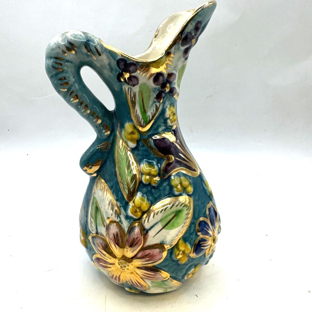 1930 H. Bequet Quaregnon Belgium Majolica Pitcher Ewer Hand Painted 7 inches